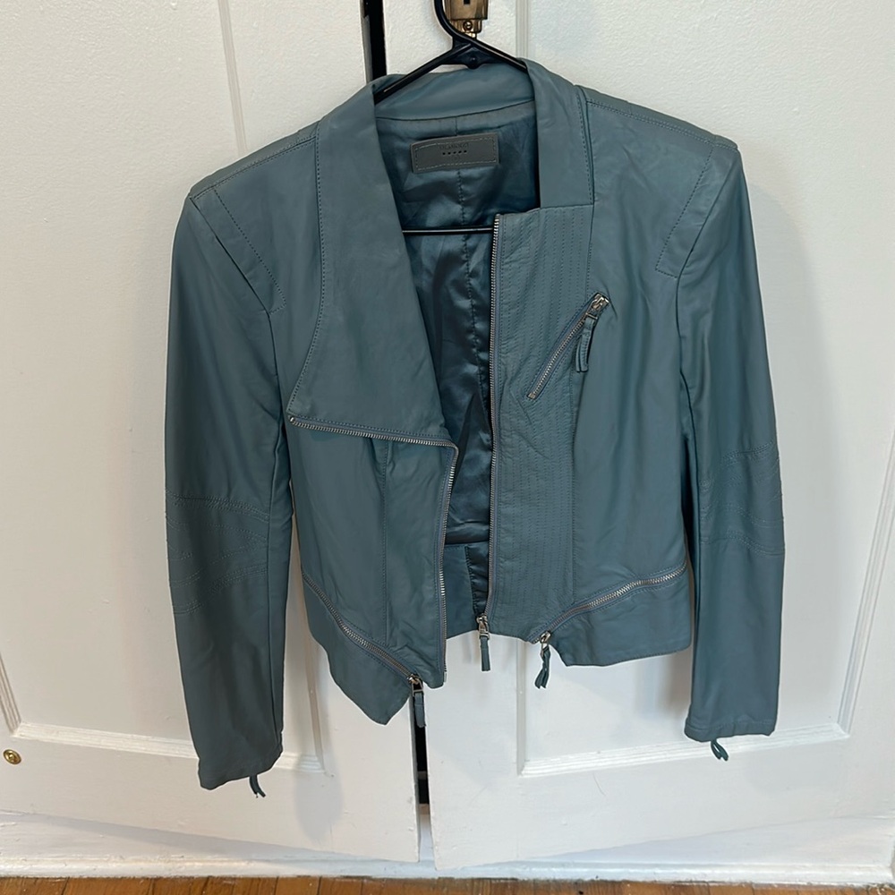 Asymmetrical jacket. Steel gray, almost blue. small.